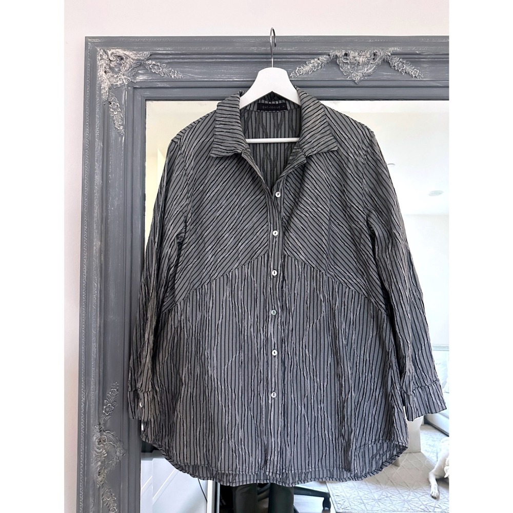 Cut Loose Striped Crinkled Button Down Shirt Top Directional Panel Lagenlook S